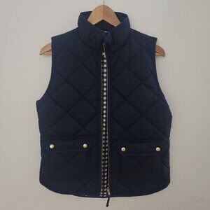 J. Crew Women Vest Puffer Navy Jacket Quilted Front Gold Snap Pocket Check Small